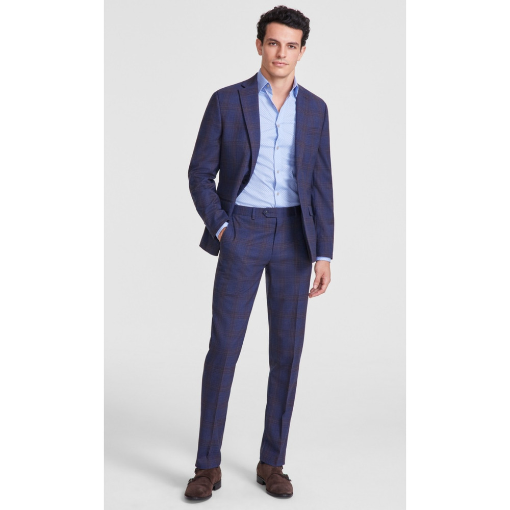 Bar III Men Slim Fit Suit Separates Pant Blue Plaid Size 33X30